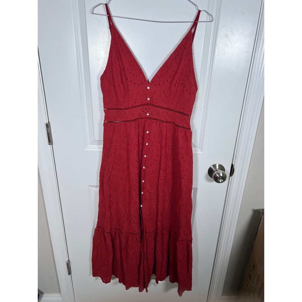 Simplee Womens Midi Dress Red Eyelet Embroidered Smocked Back Size XL